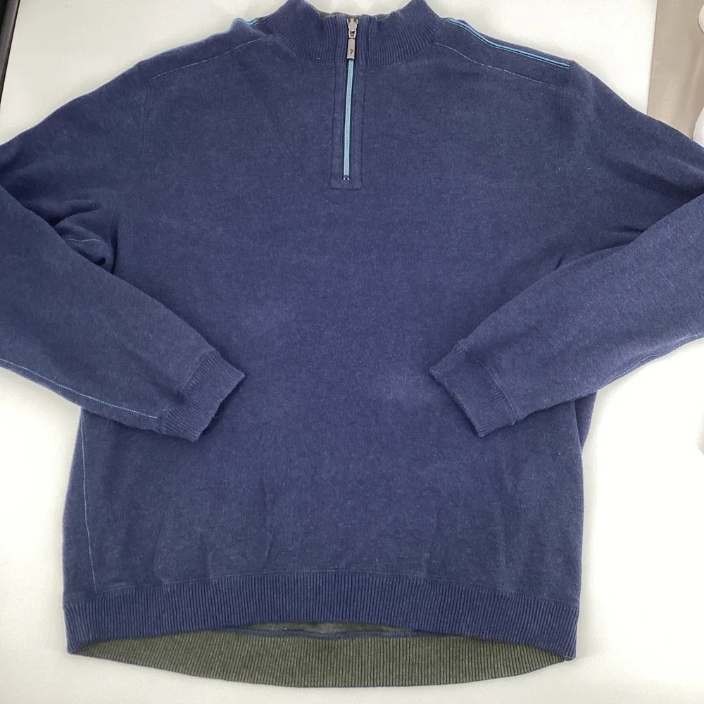 Tommy Bahama Reversible Quarter Zip Sweater Men XL Navy Blue Olive 100% Cotton